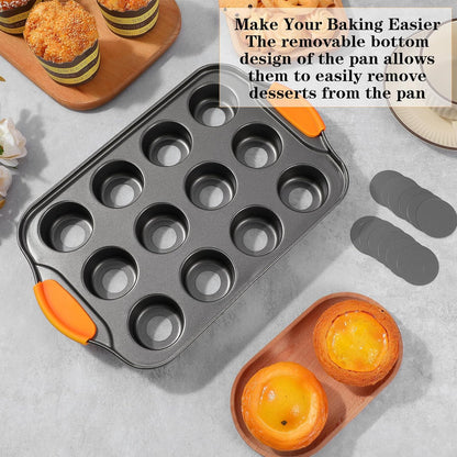 2Pack Mini Cheesecake Pans Removable Bottom Mini Cupcake Pans, 12 Cavity Minii Cheesecake Molds with Silicone Handle Nonslip Muffin Pan Baking Supplies