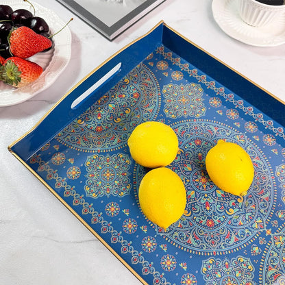 Boho Blue Decorative Tray, Serving Tray with Handles, Plastic Tray for Coffee Table, Ottoman - Ideal for Living Room & Bathroom. 15” x 11” x 2.5”