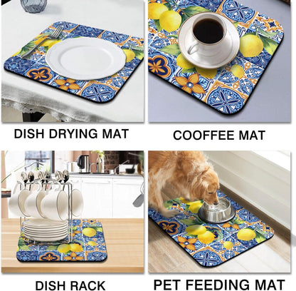 Rubber Dish Drying Mat for Kitchen Counter Large Lemon Washable Quick Home Coffee Pad Fit Under Sink,Bar,Utensils 16x18in