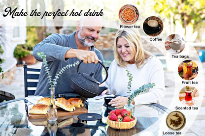 XXL Japanese Cast Iron Teapot with Infuser & Matching Trivet - Large 85 Oz/2500ml Tetsubin Loose Leaf Tea Pot with Enamel Interior - Handcrafted Big Cast Iron Tea Kettle Humidifier Set - Black