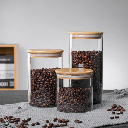 MOLFUJ 550 ML / 18 FL Oz Glass Storage Container with Wood Lid, Stackable Clear Decorative Organizer Bottle Canister Pantry Jar with Air Tight Wooden Lid for Food, Coffee, Candy, Sugar, Salt, Tea