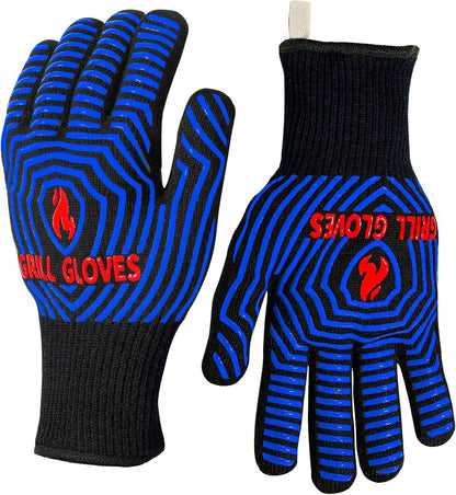 QUWIN BBQ Gloves, Oven Gloves 1472℉ Extreme Heat Resistant, Grilling Gloves Silicone Non-Slip Oven Mitts, Kitchen Gloves for BBQ, Grilling, Cooking, Baking-1 Pair (One Size Fits Most, Black/Blue)