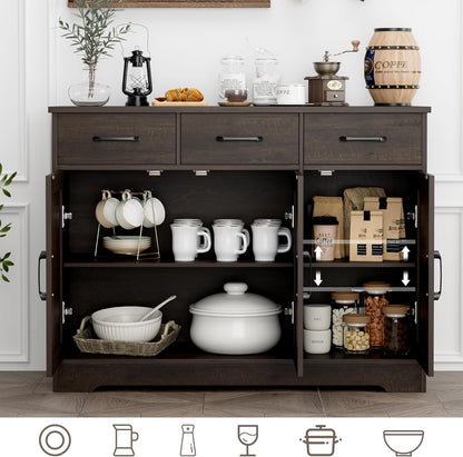HOSTACK Modern Farmhouse Buffet Sideboard Cabinet, Barn Doors Storage Cabinet with Drawers and Shelves, Wood Coffee Bar with Storage for Dining Room, Kitchen, Living Room, Dark Brown