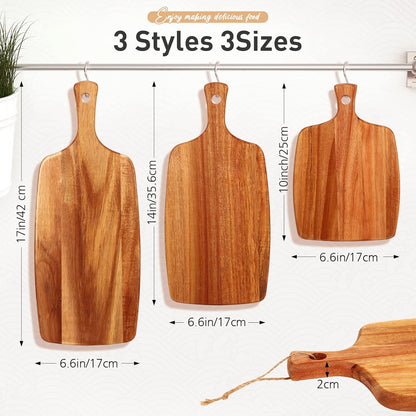 Kathfly 3 Pcs Acacia Wood Cutting Board with Handle Wooden Laser Kitchen Serving Charcuterie Board for Vegetables Meat Pizza Cheese Fruit Bread(17x7, 14x7, 10x7 Inch)
