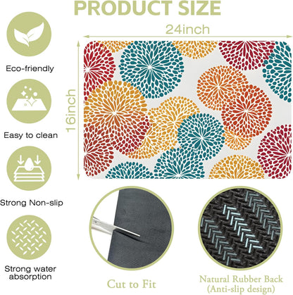 Abstract Floral Elements Dish Drying Mat Artifical Floral Kitchen Mat 16"x24" Bsorbent Coffee Maker Mat for Dishes,Utensils Coffee Maker Pots and Pans Easy Clean Dish Slip Resistant Pad