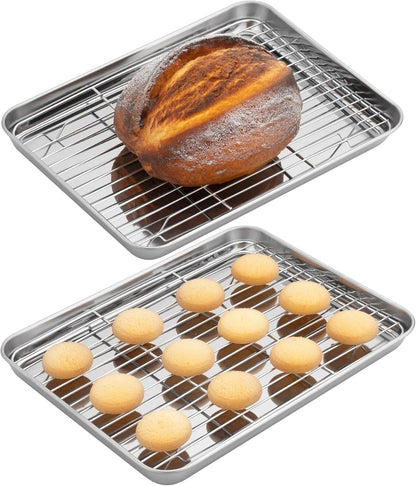 Navaris Quarter Sheet Baking Pan Breading Trays w Racks - Stainless Steel Baking Sheet with Wire Rack Insert for Oven Cooking - Cookie Bacon Tray - Set of 4 12.2X 9.4” (31x24cm)