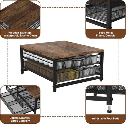Coffee Pod Holder For Counter, Wooden K Cup Holder with Sliding Drawer, Large Capacity Coffee Pod Storage for Coffee Station, Home, Office, Kitchen