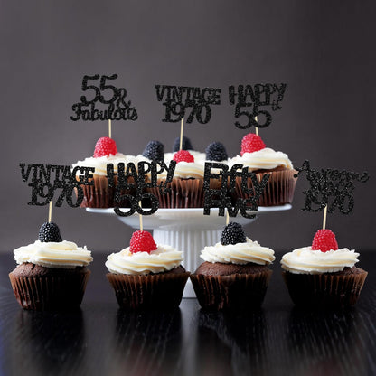 Gyufise 30 Pack Black Glitter Vintage 1970 Cupcake Toppers Glitter 55 Fabulous Happy 55 Cheers to 55 Years Birthday Cupcake Picks 55th Birthday Anniversary Cake Decorations Supplies