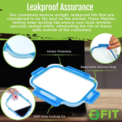 FIT Strong & Healthy Glass Meal Prep Containers 3 Compartment - Bento Box Adult Lunch Containers – Glass Snack Container with Lids, Leak-Proof Cover, Sectioned Storage Container, 32oz, Blue, 3 Pack