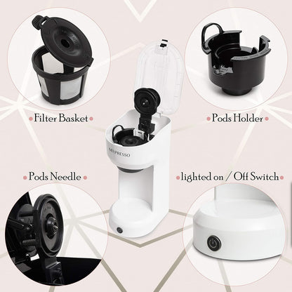 Mixpresso 2 in 1 Brewer Single Serve Coffee Maker for K Capsule and Ground Coffee, Single Cup Coffee Machine, Compact Size Mini Coffee Maker Quick Brew Technology 14oz White One Cup Coffee Brewer