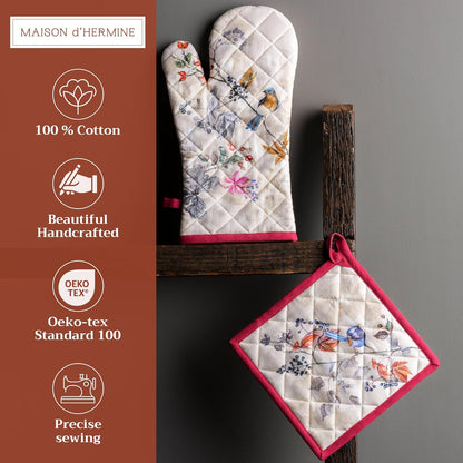 Maison d' Hermine 100% Cotton Oven Mitt & Pot Holder Set (7.5"x13" & 8"x8") Heat Resistant BBQ Cooking Gloves with Loop, Baking, Grilling, Kitchen, Handling Hot Pans (Equinoxe - Beige)
