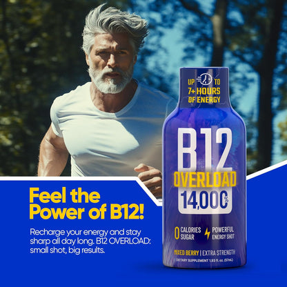 B12 Overload Extra Strength Energy Shot – Mixed Berry – 260mg Caffeine, 14000% B12, Electrolytes – Energy & Vitality Support – Zero Sugar No Calories – Vegan, Kosher, Gluten-Free – 1.93 fl oz, 24-Pack