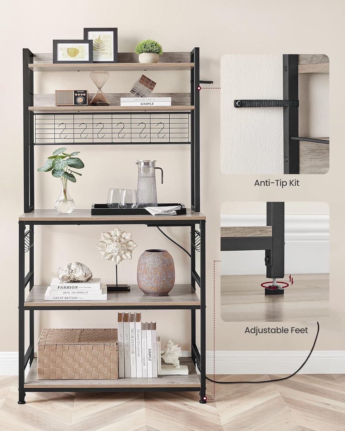 VASAGLE Hutch Bakers Rack with Power Outlet, 14 Hooks Microwave Stand, Adjustable Coffee Bar with Metal Wire Panel, Kitchen Storage Shelf, 15.7 x 31.5 x 66.9 Inches, Greige and Black UKKS025B02
