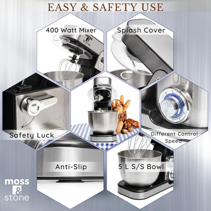 Moss & Stone Stand Mixer With Lcd Display, 6 Speed Electric Mixer With 5.5 Quart Stainless Steel Mixing Bowl, Kitchen Mixer With Dough Hook, Egg Whisk, Beater & Baking Spatula, Food Mixer With Timer