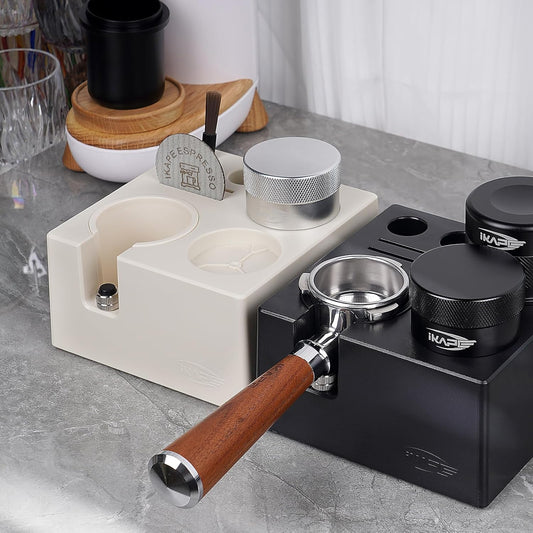 IKAPE ABS Espresso Knock Box, 7 in 1 Coffee Organizer Box Fit for Storage 51, 54, 58MM Espresso Tamper, Distributor, Portafilter & Puck Screen Accessories(Black)