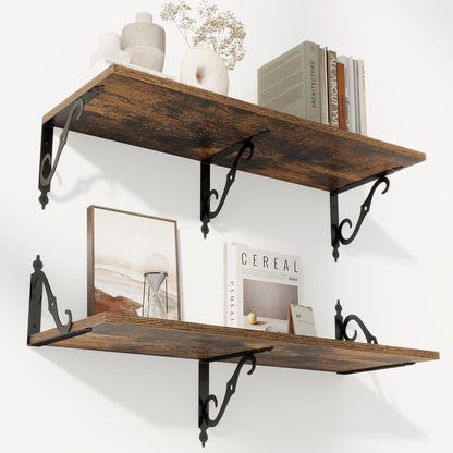 RICHFOCUS 12 Inch Deep Floating Shelves for Wall, 31.5" W x 12" D Wood Wall Shelves Set of 2, Wide Floating Shelves for Living Room, Bedroom, Kitchen, Bathroom and Storage, Rustic Brown