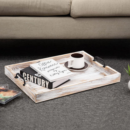 Rustic Vintage Big Wood Food Breakfast Serving Trays with Cutout Metal Handles(20 Inches) Large Nesting Board Decorative Serving Trays Platter in Bed, Ottoman, Coffee Table, BBQ, Party(Washed White