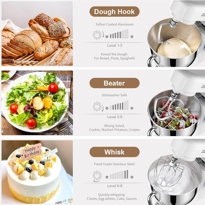 Stand Mixer, Zuccie 4.8QT Kitchen Electric Stand Mixer, 380W Motor Power Food Mixer, 8+P-Speed Dough Mixer with Dough Hook, Wire Whip & Beater, White