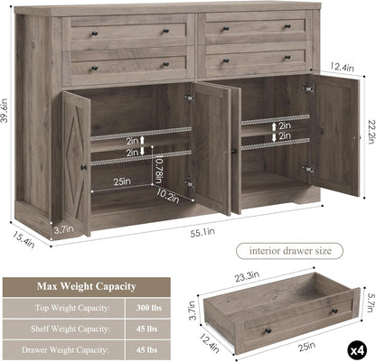 HOSTACK 55" Coffee Bar with 4 Large Drawers, 40" Tall Buffet Cabinet with Storage, Kitchen Storage Cabinet, Modern Farmhouse Sideboard Buffet, Adjustable Shelves for Living Room, Ash Grey