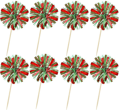 Ephlyn 30Pcs Foil Firework Cupcake Toppers Sparkle Tinsel Drink Birthday Cake Decorations Cocktail Food Fruit Toothpick for New Years Wedding Birthday Party Decorations Red Green