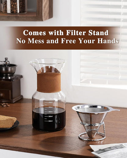 Pour Over Coffee Maker with Double-Layer Stainless Steel Filter, 20 oz Pour Over Coffee Dripper, Glass Carafe with Vintage Leather Collar and Cork Lid & Filter Stand for Espresso