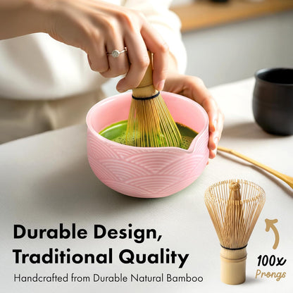 Matcha Whisk Set (7 Pcs) - Complete Matcha Set, Matcha Bowl with Spout, Whisk with Holder, Bamboo Scoop with Rest and Sifter, Perfect Kit for Matcha Lovers (Sakura Pink)