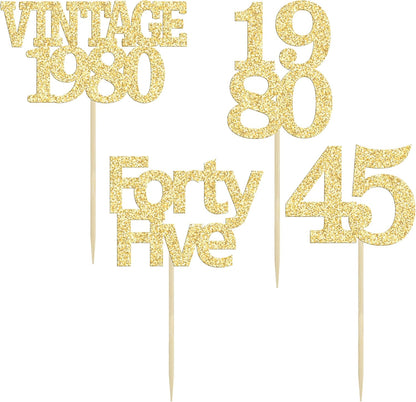 Gyufise 24Pcs 45th Birthday Cupcake Toppers Glitter Cheers to 45 Fabulous Forty Five Vintage 1980 Cupcake Picks 45th Birthday Wedding Anniversary Party Cake Decorations Supplies Gold