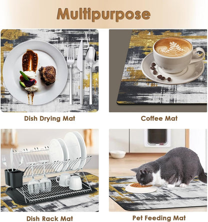 Arttown Coffee Mat for Countertops, Abstract Black Golden Minimalism Grey Dish Drying Mat 2 Pcs for Kitchen Bar Accessories, Coffee Maker Espresso Machine Dish Rack Hide Stain Rubber 12x19in