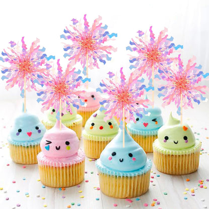 30 PCS Foil Firework Cupcake Toppers Sparkle Tinsel Cupcake Picks Happy Birthday Cake Toppers Drink Stirrers Cocktail Food Fruit Toothpicks for Baby Shower Wedding Party Decorations Supplies Orange