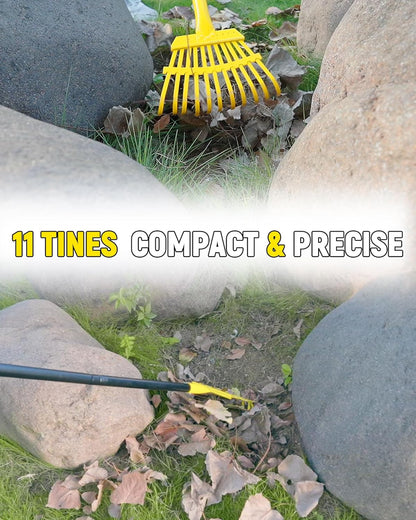 Garden Leaf Rake, 8.7” Wide Metal Rake with 11 Teeth, 59" Adjustable Long Handle, Heavy Duty Lightweight Leaf Rakes for Small Lawn Yard Shrub,Tight Spot Garden Bed Leaf Debris Picking Cleaning