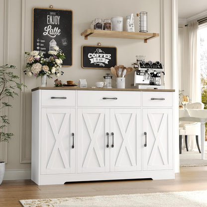 HOSTACK Buffet Cabinet with Drawers, 55" Large Sideboard Buffet Storage Cabinet with Shelves and Doors, Modern Farmhouse Coffee Bar Station Wood Kitchen Table for Kitchen, Dining Room, White/Rustic