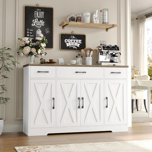 HOSTACK Buffet Cabinet with Drawers, 55" Large Sideboard Buffet Storage Cabinet with Shelves and Doors, Modern Farmhouse Coffee Bar Station Wood Kitchen Table for Kitchen, Dining Room, White/Rustic