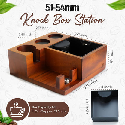 Espresso Knock Box & Tamping Station - Coffee Organizer Box for 51-54mm Tamper, Distributor, Portafilter Accessories - Includes Cleaning Brush