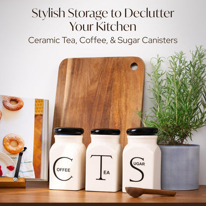 Ceramic Canister Set of 3 – Small Kitchen Canisters for Sugar, Coffee & Tea – Airtight Food Containers with Lids – Coffee Canister, Sugar Container, Tea Set