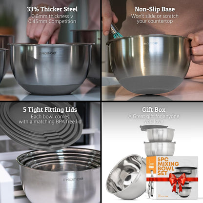 Priority Chef Premium Mixing Bowls With Airtight Lids Set, Thicker Stainless Steel Mixing Bowl Set, Large Prep Metal Bowls with Lids, Nesting Bowls for Kitchen, 1.5/2/3/4/5 Qrt, Grey