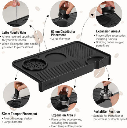 Espresso Tamping Mat, Coffee Tamper Mat, Food Grade Silicone 10.43″×5.63″ Portafilter Mat for Barista Espresso Machine Acceessories, Waterproof Heat Resistant Tamp Station for counter (Black)