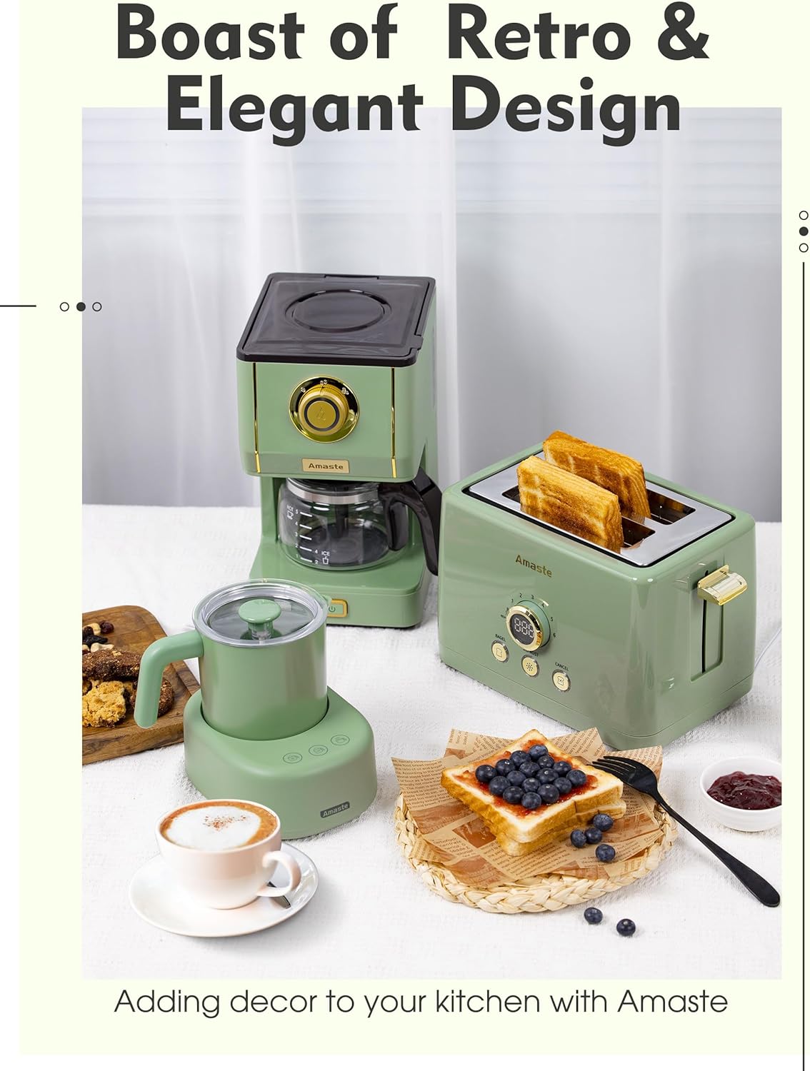 Amaste Drip Coffee Maker, Coffee Machine with 25 Oz Glass Coffee Pot, Retro Style Coffee Maker with Reusable Filter & Three Brewing Modes, 30minute-Warm-Keeping, Matcha Green