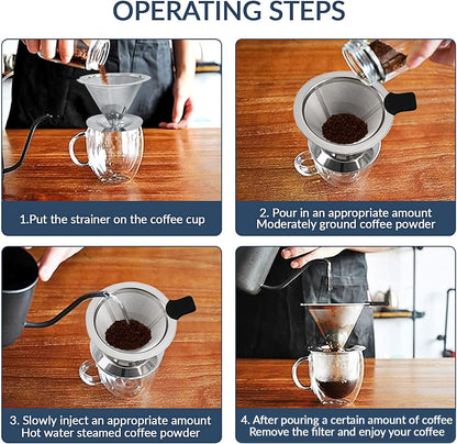 Pour Over Coffee Dripper-Stainless Steel Coffee Filter,Reusable Drip Cone Coffee Filter Portable Pour for 1-4 Cup (With Base, S)