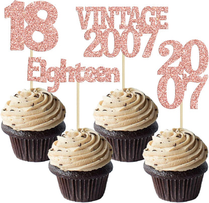 Gyufise 24Pcs 18th Birthday Cupcake Toppers Glitter Eighteen Vintage 2007 Hello 18 Years Birthday Cupcake Picks Adultish 18 Cake Decoration for Happy 18th Birthday Anniversary Party Supplies Rose Gold