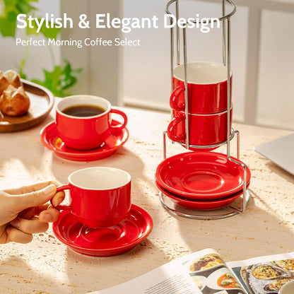 Sweese 8 Ounce Porcelain Stackable Cappuccino Cups with Saucers and Metal Stand - for Specialty Coffee Drinks, Cappuccino, Latte, Americano and Tea - Set of 4, Red