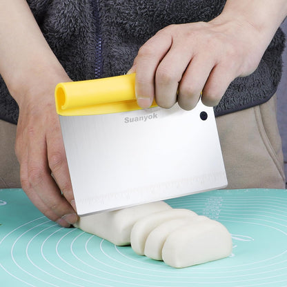 Bench Scraper Food Vegetable Chopper,Stainless Steel Pizza Dough Scraper-Flexible Plastic Bowl/Cake Scraper 5-Piece Set,Bread/Pastry/Pizza/Flour/Cheese Cutter (Yellow)