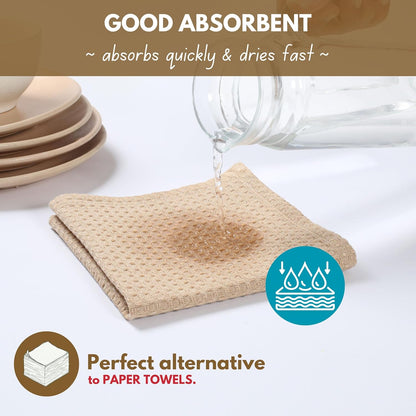 Native Fab Waffle 12 Pack Dish Cloths - 100% Cotton, Absorbent, Quick Drying, Washable Towels for Cleaning, Cooking & Baking - Great for Daily Use, Home, Restaurants, Cafes - 12" x 12" - Beige