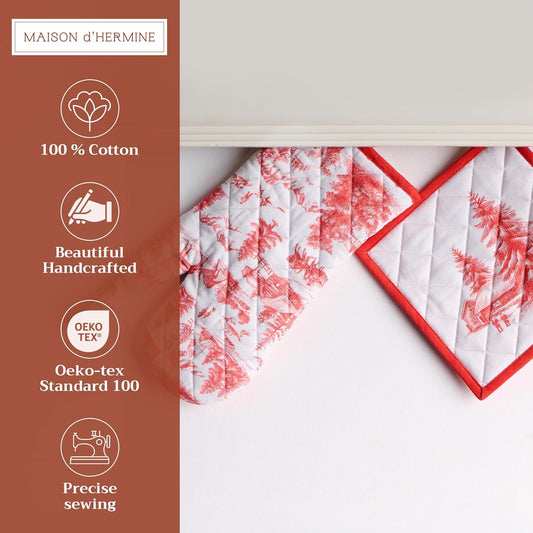 Maison d' Hermine 100% Cotton Oven Mitt & Pot Holder Set (7.5"x13" & 8"x8") Heat Resistant BBQ Cooking Gloves with Loop, Baking, Grilling, Kitchen, Handling Hot Pans (Winter Jouy)