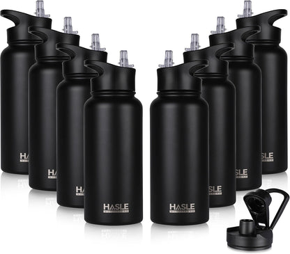 HASLE OUTFITTERS 32 oz Insulated Water Bottle Stainless Steel Double Walled Vacuum Sports Water Bottle with 2 Lids (Straw and Spout Lid) for Gym Camping Hiking(Black,8)