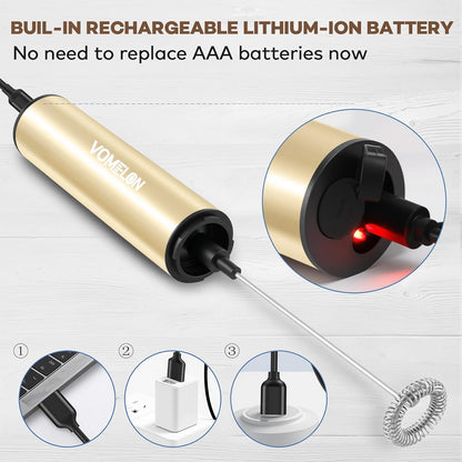 Rechargeable Milk Frother Handheld Electric Frother Wand Milk Foamer Drink Mixer for Coffee, Lattes, Cappuccino, and Egg, Stainless Steel for Travel-Beige