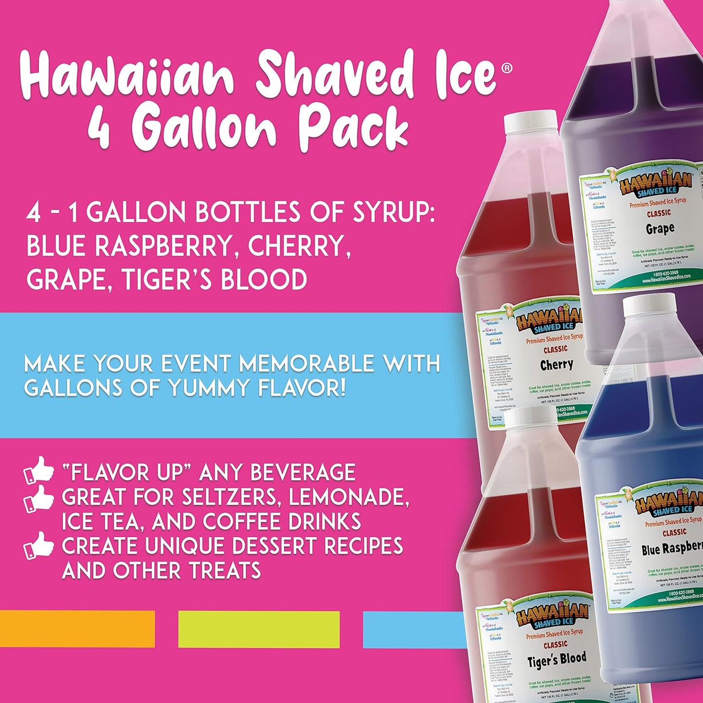 Hawaiian Shaved Ice Syrup Gallon 4-pack, Cherry, Grape, Blue Raspberry & Tiger’s Blood, for Slushies, Italian Soda, Seltzers, Popsicles, & More, No Refrigeration Needed, Allergy-friendly