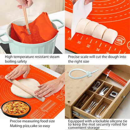 Silicone Baking Mat 28" x 20" Extra Thickness Dough Rolling Mat with Measurements and Edge Heightening, Non-stick Food Grade Silicone Pastry Mat for Pastry, Bread, Cookies, Pizza, Fondant, Pasta-Red