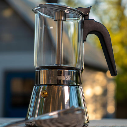 London Sip Glass and Stainless Steel Stovetop Espresso Maker Moka Pot Italian Coffee Percolator, Glass, Medium (10.14 oz)