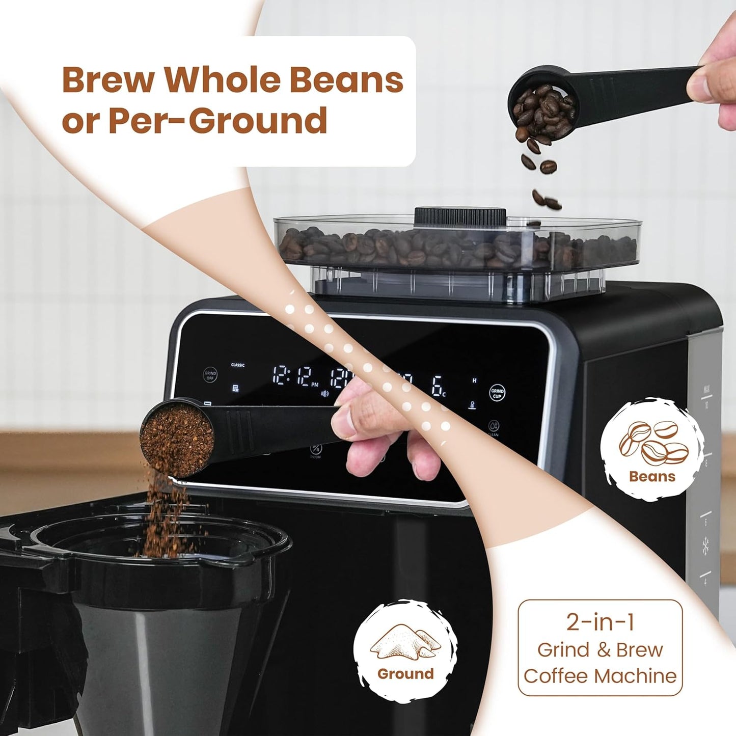Gevi 10 Cup Drip Coffee Maker with Built-in Grinder, Grind ＆ Brew Burr Combo Coffee Machine with Touch Screen, Programmable, 4-Hour Warm Plate, Permanent Filter, Coffee Carafe
