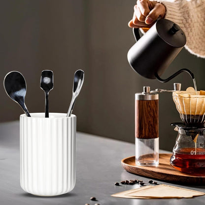 Ceramic Spoon Holder for Coffee Bar, Upright Tea Spoon Holder Cup, Coffee Stirrers Straws Stir Stick Holder, Cement Grey Fluted Surface